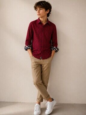 Cactus Boys Red Navy Gingham Plaid Shirt Floral Trim Roll Tab NWT Size 11-12